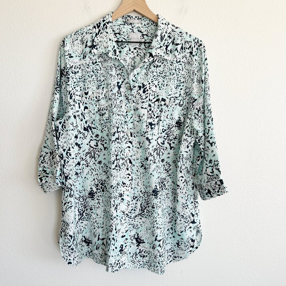 Chico's Shirt Blue Animal Print No Iron 100% Linen Button Down Tunic